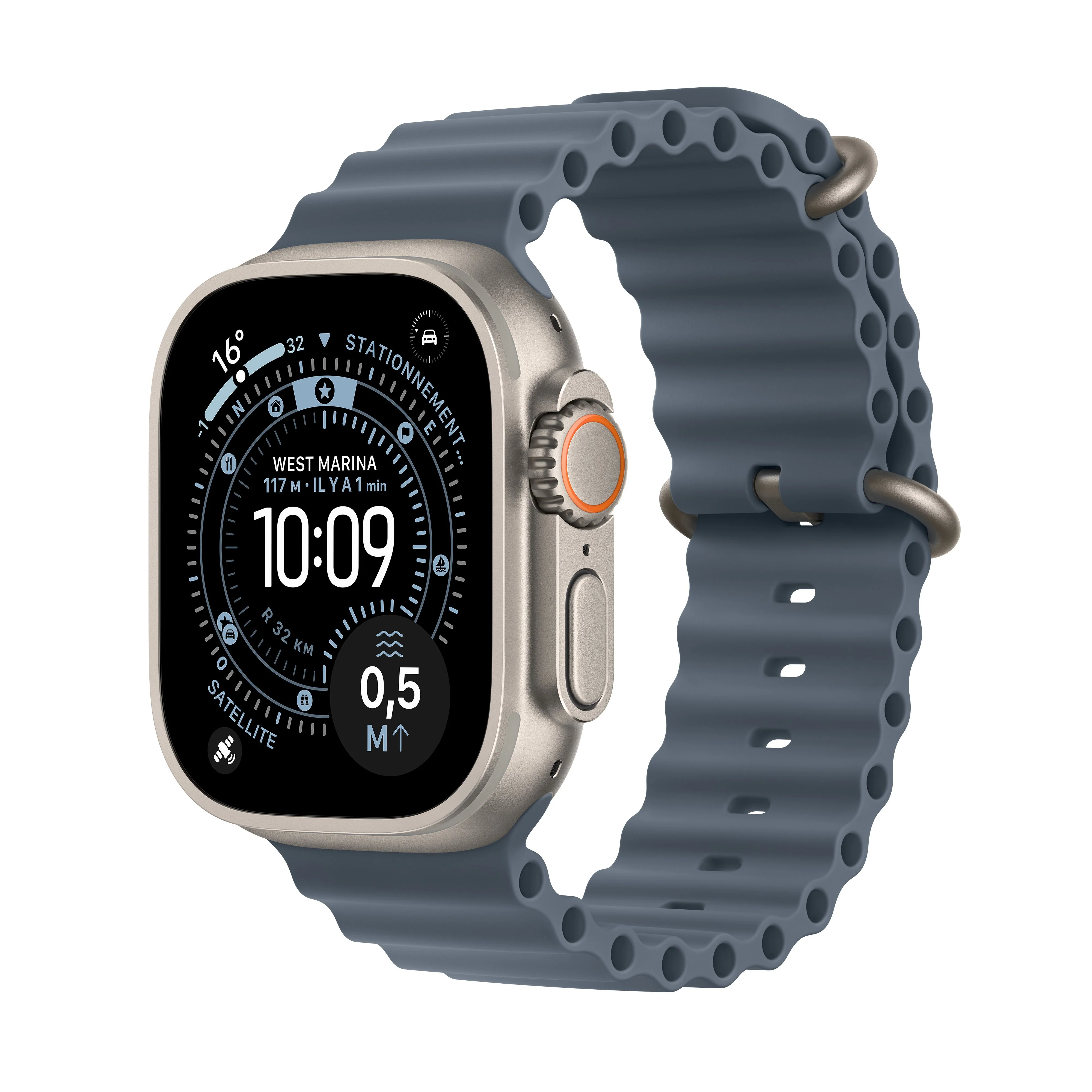 Apple Watch Ultra 3 GPS + Cellular, Boßtier en titane naturel de 49 mm, Bracelet Océan bleu maritime