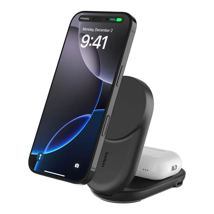 Belkin • Socle de recharge 2‑en‑1 UltraCharge avec Qi2 • 25 W • Noir