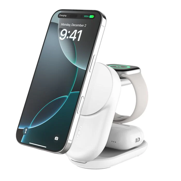 Belkin • Socle de recharge 3‑en‑1 UltraCharge avec Qi2 • 25 W • Blanc