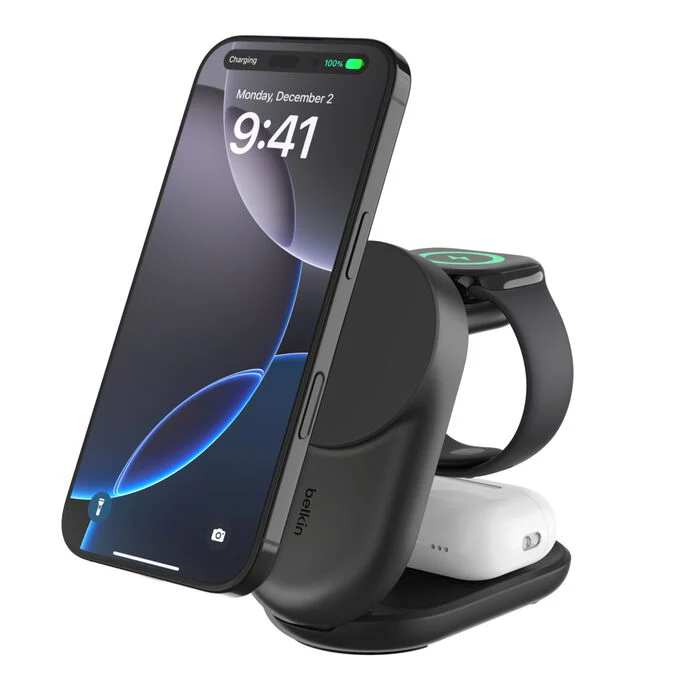 Belkin • Socle de recharge 3‑en‑1 UltraCharge avec Qi2 • 25 W • Noir