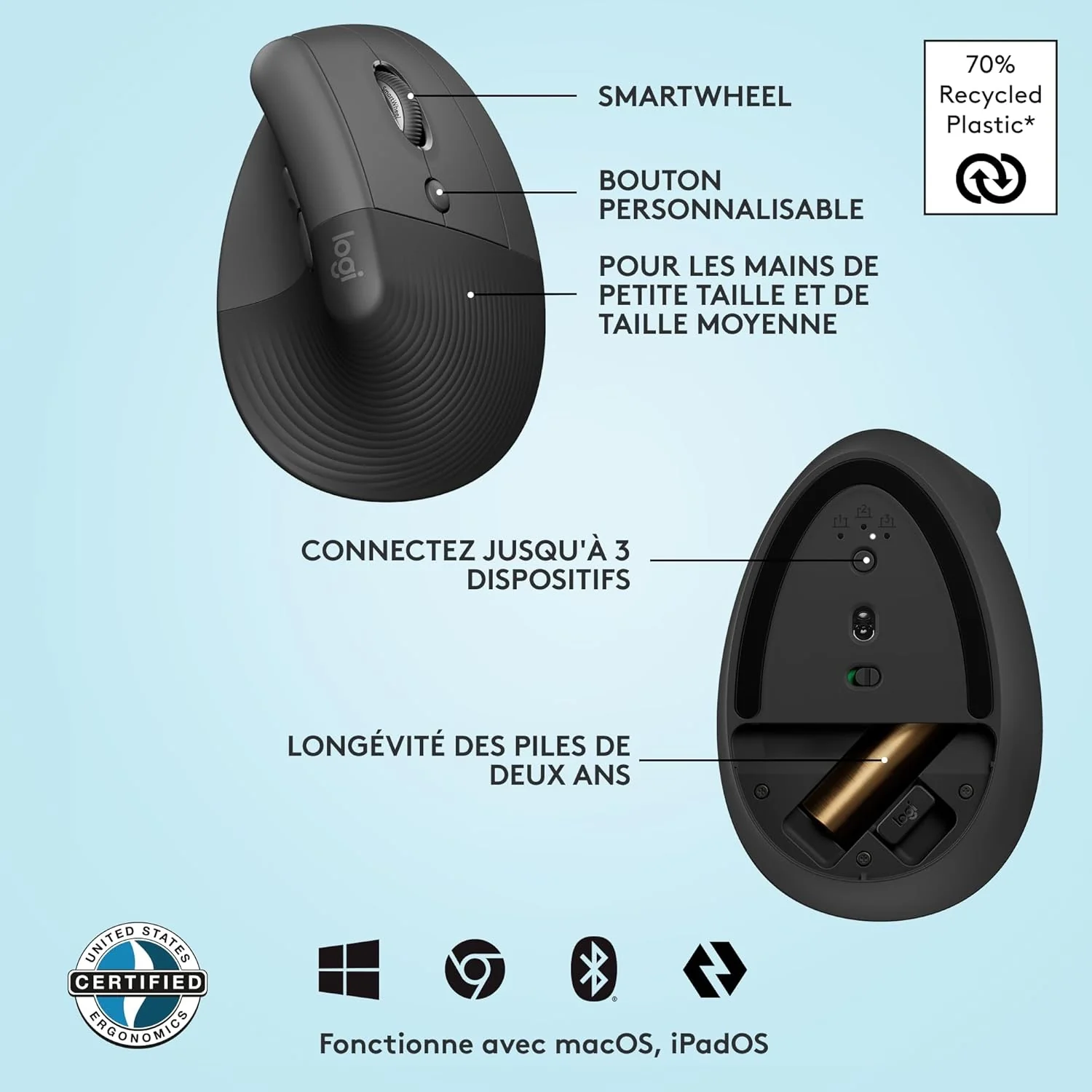 Logitech Lift RF sans fil + Bluetooth • Graphite - Image 2